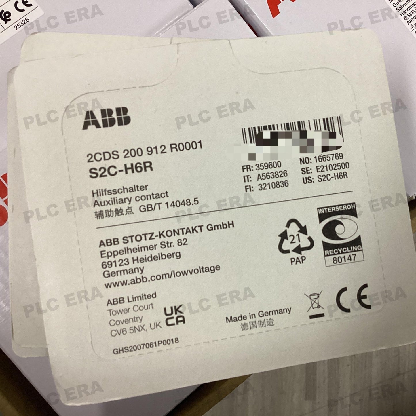 Front view of ABB S2C-H6R auxiliary contact 2CDS200912R0001