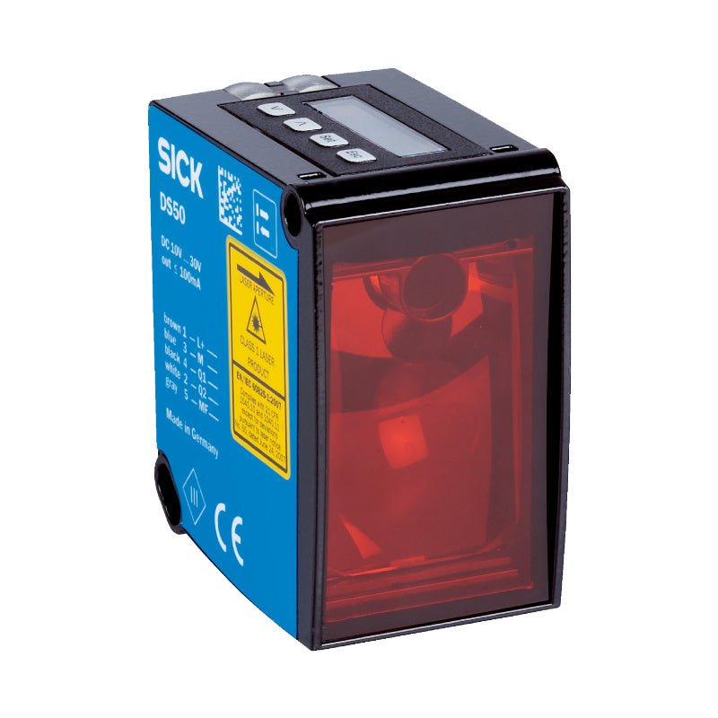 SICK DT50-P1113 rectangular Dx50 series laser distance sensor LC display front view
