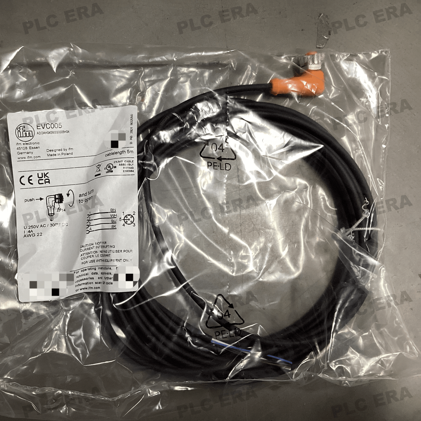 IFM EVC005 M12 Female Cordset 4 - Pin 5m PUR Cable IP68 IP69K 24V - PLC ERA