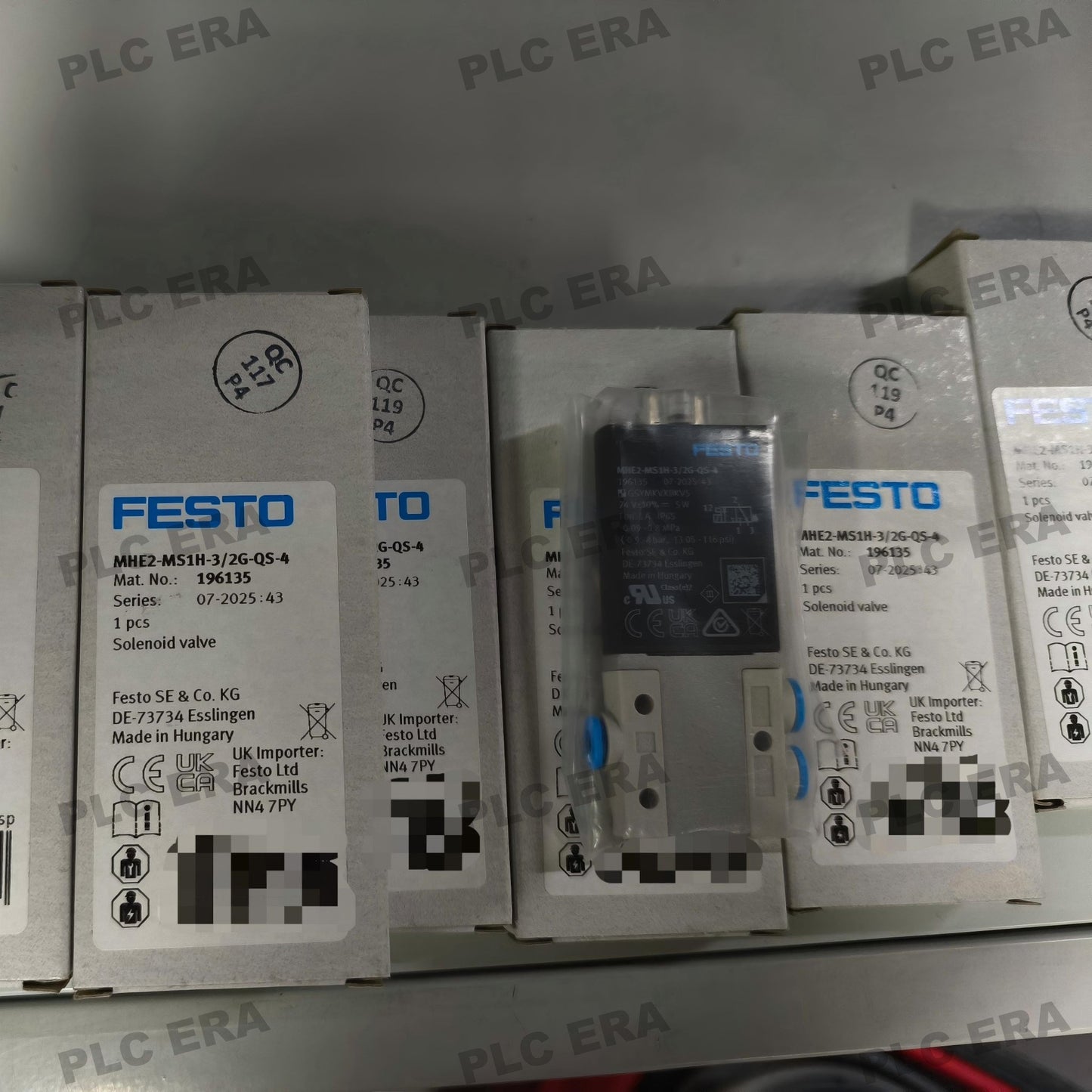 Festo MHE2-MS1H-3/2G-QS-4 dimensions drawing – 10mm width, QS-4 connectors, 2mm nominal size, 2‑pin plug, 60g weight, IP65 rated