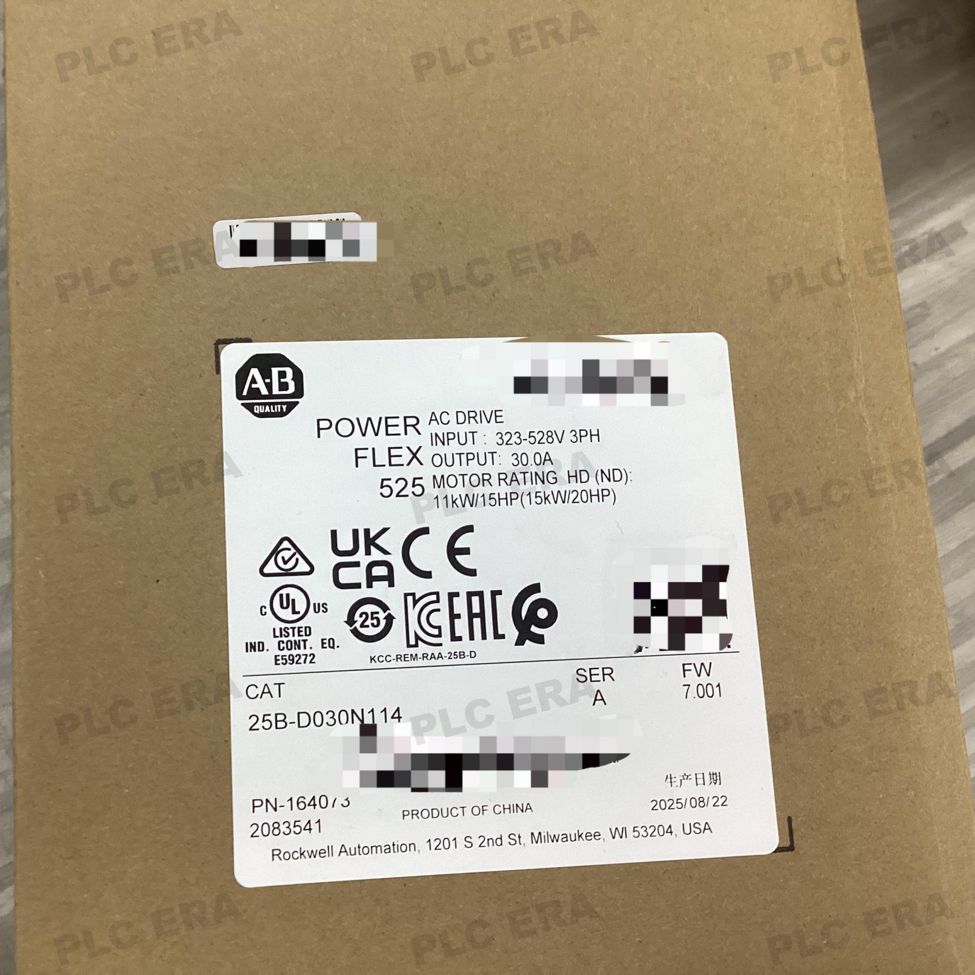PLC ERA warehouse stocked with Original New Allen-Bradley 25B-D030N114 and industrial automation modules ready for global shipping