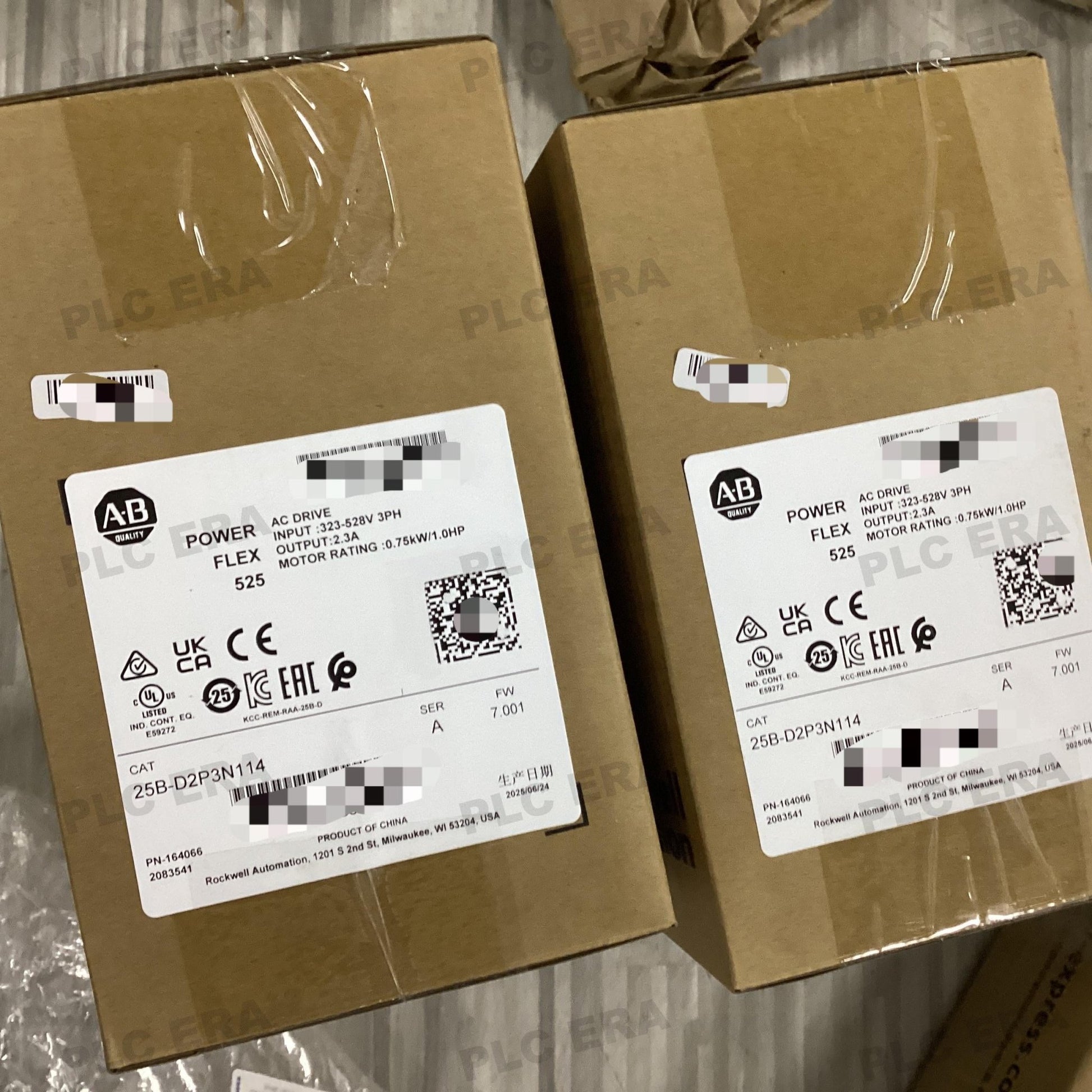 PLC ERA warehouse stocked with Original New Allen-Bradley 25B-D2P3N114 and industrial automation modules ready for global shipping