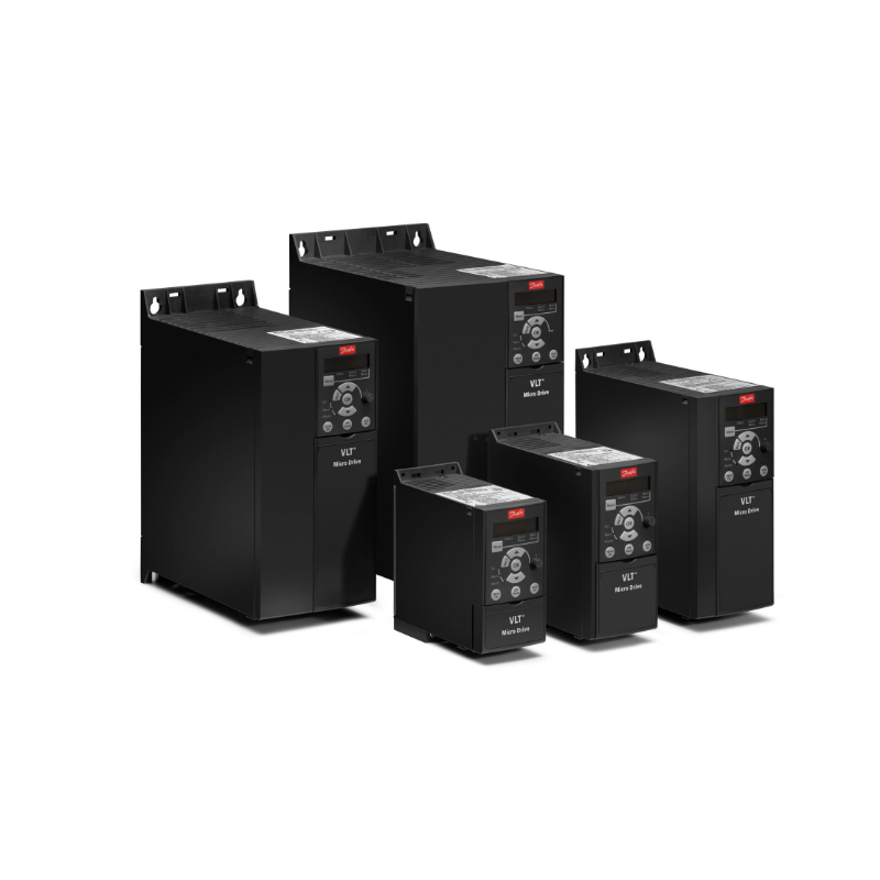 Danfoss 132F0016 VLT Micro Drive FC-51 3.7 kW 200–240 V IP20 M3 Frame with RFI Class A1/B filter, brake chopper, and coated PCB for industrial motor control applications.