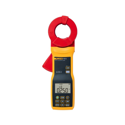 Fluke 1630-2 FC Earth Ground Clamp meter for stake-less ground loop testing, AC leakage current measurement, rugged jaw design, wireless Fluke Connect capability, and 32,760-reading data logging for electrical safety inspections.