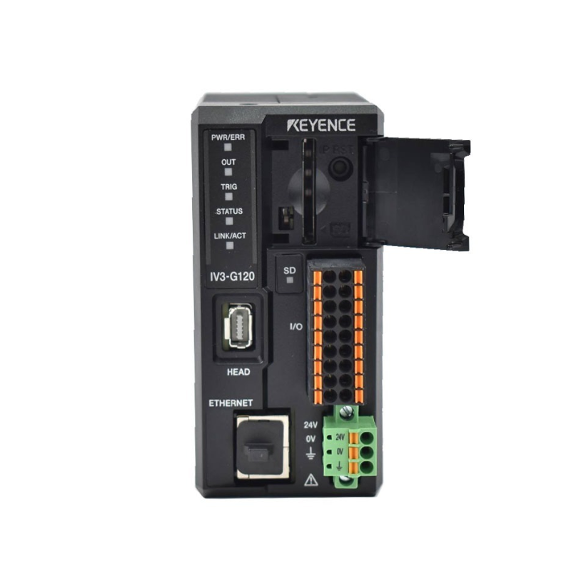 KEYENCE IV3-G120 compact vision sensor with built-in AI, integrated sensor amplifier, high-speed object detection, measurement, and classification for industrial automation, assembly lines, and quality control.