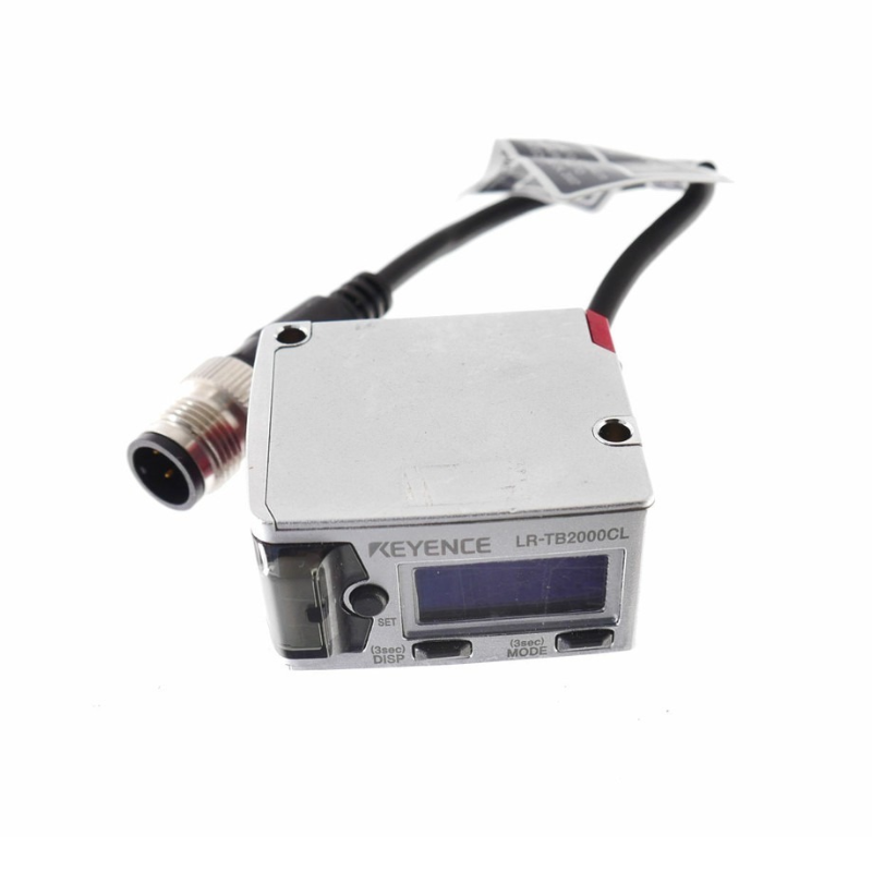 KEYENCE LR-TB2000CL all-purpose laser sensor, 2 m detection range, M12 connector cable, Laser Class 1, high-speed response, compact industrial sensor for automation, manufacturing, and material handling.