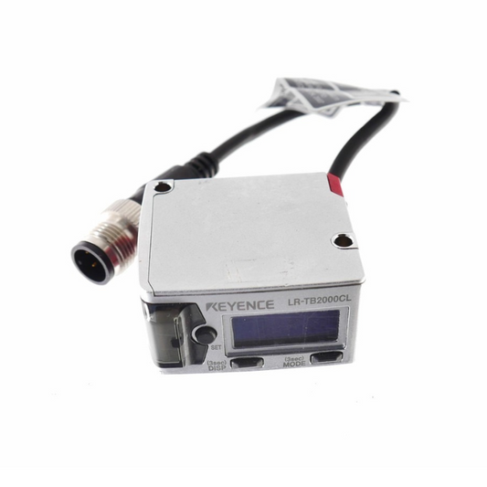 KEYENCE LR-TB2000CL all-purpose laser sensor, 2 m detection range, M12 connector cable, Laser Class 1, high-speed response, compact industrial sensor for automation, manufacturing, and material handling.