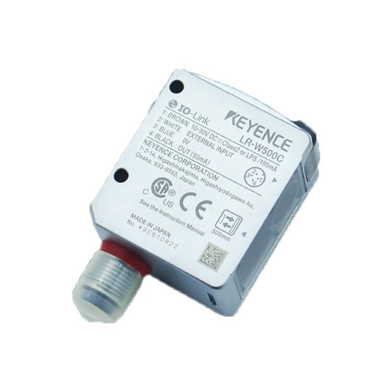 KEYENCE LR-W500C self-contained full-spectrum sensor with M12 connector, high-speed response, accurate detection for various surface colors and materials, compact industrial sensor for automation.