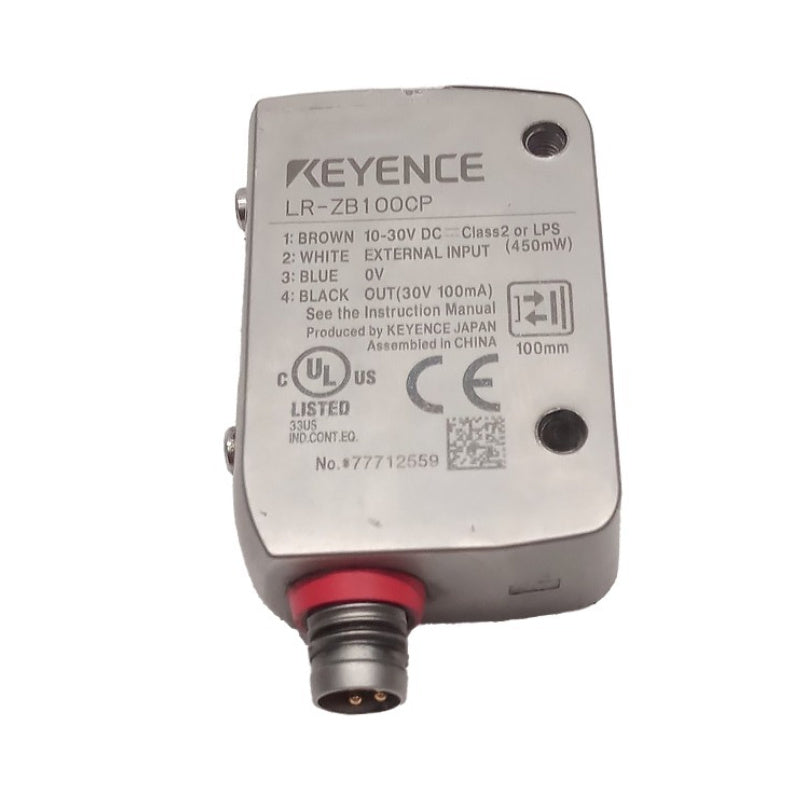 KEYENCE LR-ZB100CP self-contained CMOS laser sensor with 100 mm detection range, rectangular housing, M8 connector type, high-precision object detection for industrial automation and manufacturing applications.