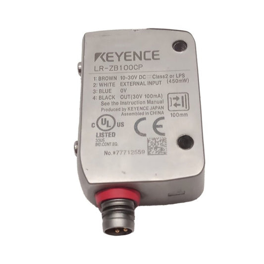 KEYENCE LR-ZB100CP self-contained CMOS laser sensor with 100 mm detection range, rectangular housing, M8 connector type, high-precision object detection for industrial automation and manufacturing applications.