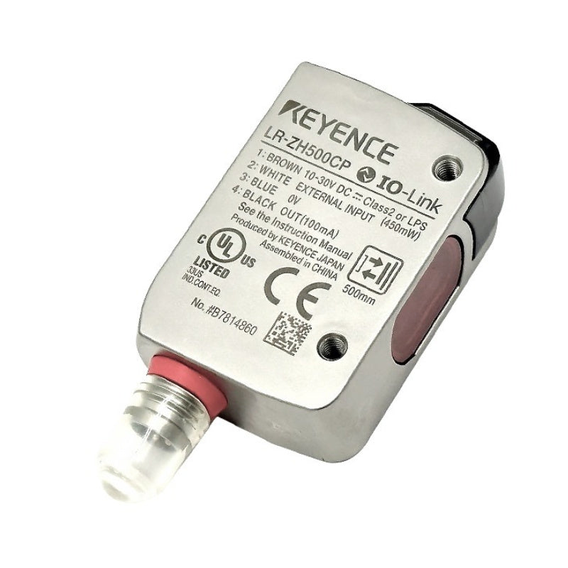 KEYENCE LR-ZH500CP self-contained CMOS laser sensor with 500 mm detection range, rectangular housing, M8 connector type, high-precision object detection for industrial automation, inspection, and manufacturing applications.