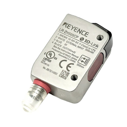 KEYENCE LR-ZH500CP self-contained CMOS laser sensor with 500 mm detection range, rectangular housing, M8 connector type, high-precision object detection for industrial automation, inspection, and manufacturing applications.