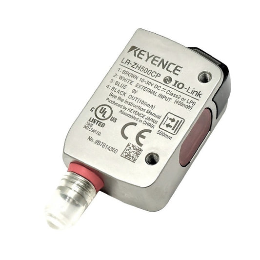 KEYENCE LR-ZH500CP self-contained CMOS laser sensor with 500 mm detection range, rectangular housing, M8 connector type, high-precision object detection for industrial automation, inspection, and manufacturing applications.