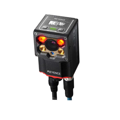 KEYENCE SR-1000 automatic focus code reader, high-speed 1D and 2D barcode scanner, QR and DataMatrix reader, industrial vision sensor for manufacturing automation, reliable reading of low-contrast and direct part mark codes.