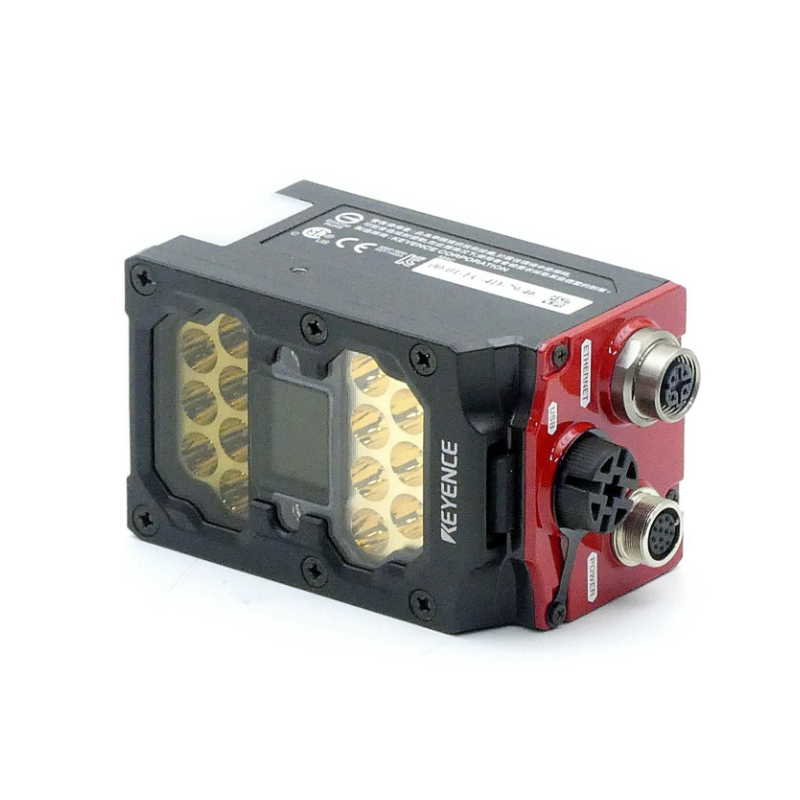 KEYENCE SR-2000 1D/2D code reader, high-speed industrial scanner, reads damaged or poorly printed barcodes and QR codes, wide-angle reading, reliable real-time traceability for manufacturing lines.