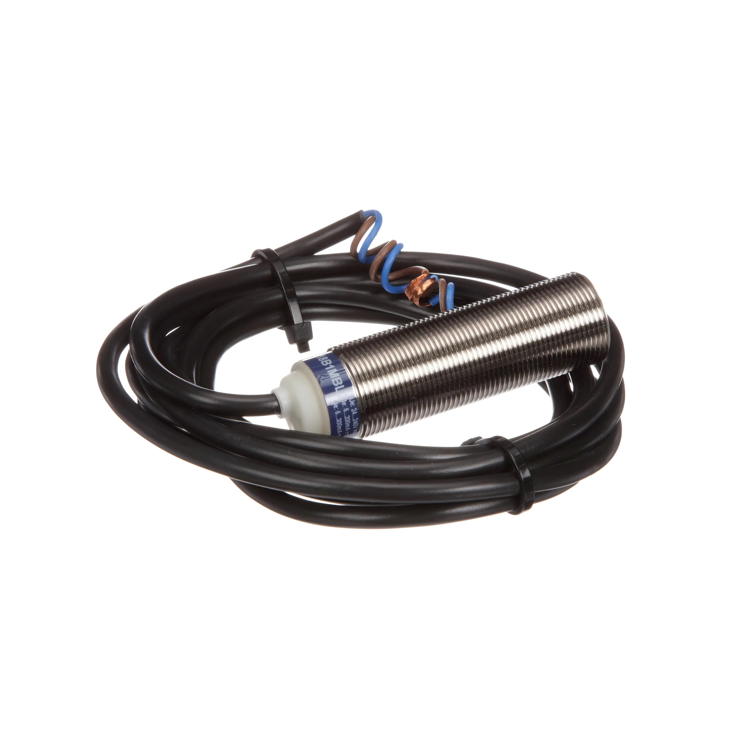 Telemecanique XS618B1MBL2 inductive proximity sensor XS6 series, M18 brass housing, 8 mm sensing distance, 24–240 VAC/DC power supply, 2 m cable, industrial metal detection sensor for automation applications.