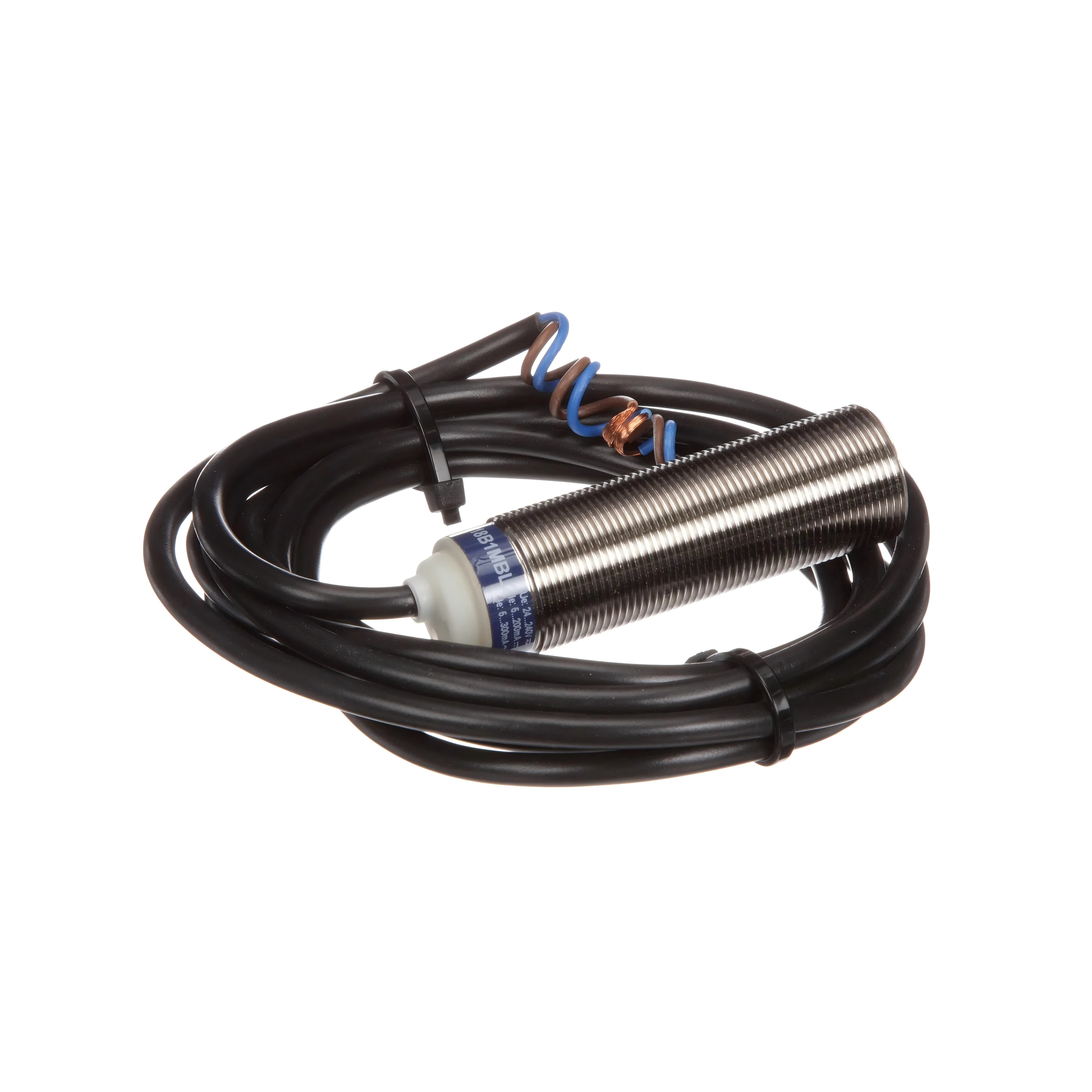 Telemecanique XS618B1MBL2 inductive proximity sensor XS6 series, M18 brass housing, 8 mm sensing distance, 24–240 VAC/DC power supply, 2 m cable, industrial metal detection sensor for automation applications.