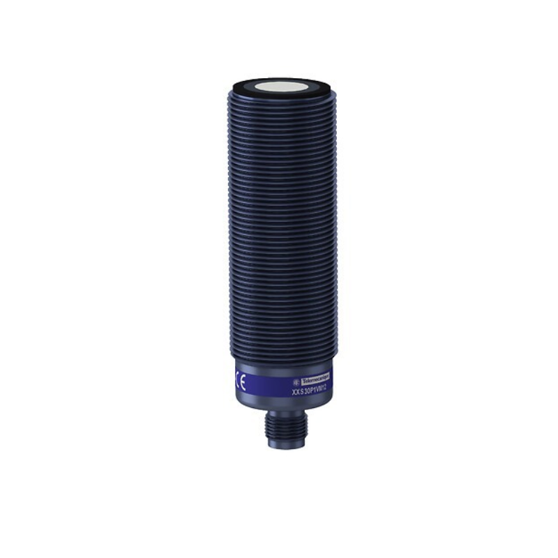 TELEMECANIQUE XXS30P2VM12 ultrasonic sensor, plastic M30 cylindrical housing, straight-beam detection, 2 m range, 0–10 V analog output, high-precision sensor for industrial automation and distance measurement applications.