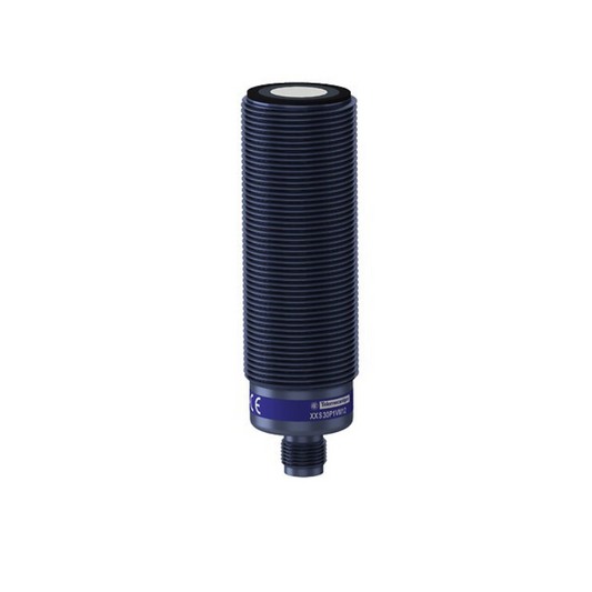 TELEMECANIQUE XXS30P2VM12 ultrasonic sensor, plastic M30 cylindrical housing, straight-beam detection, 2 m range, 0–10 V analog output, high-precision sensor for industrial automation and distance measurement applications.