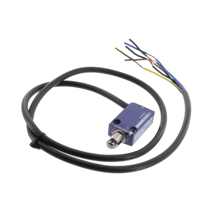 Telemecanique Sensors XCMD2102L1 XC Standard limit switch with steel roller plunger, snap-action 1NC 1NO contacts, 1 m cable, robust metal housing for industrial position sensing and automation control systems.