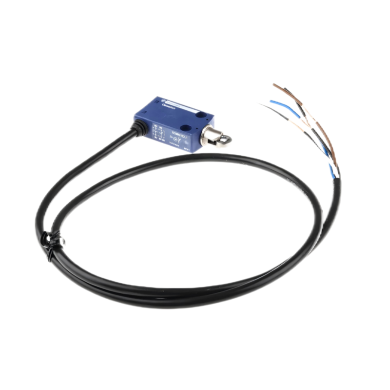 Telemecanique Sensors XCMN2102L1 XC Standard limit switch with steel roller plunger, snap-action 1NC+1NO contacts, metal housing, and 1 m cable, designed for precise position detection in industrial automation applications.