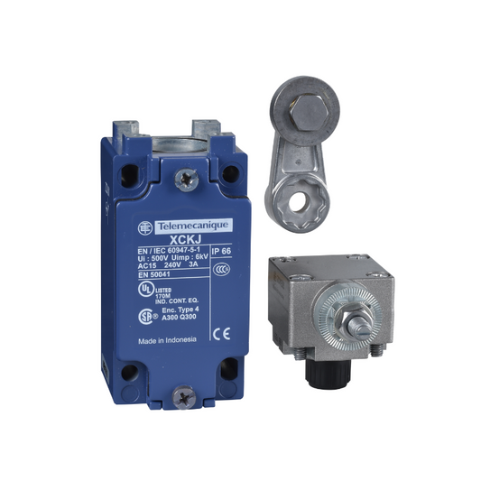 Telemecanique Sensors XCKJ10511H7 XC Standard limit switch with thermoplastic roller lever, 1NC+1NO snap action contacts, 1/2 NPT conduit entry, reliable industrial position and end-of-travel detection sensor.
