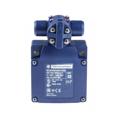 Telemecanique XCKVR54D1H29 XC Standard limit switch with stay-put crossed rods lever, 6 mm travel, 2x NC contacts, slow action, M20 threaded connection, durable industrial automation switch.