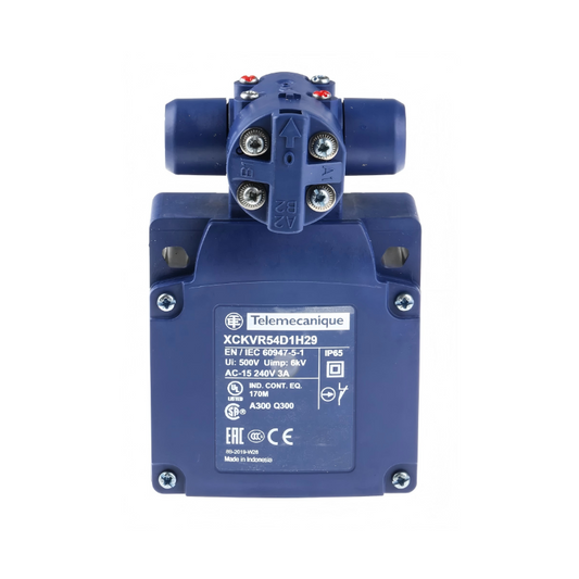 Telemecanique XCKVR54D1H29 XC Standard limit switch with stay-put crossed rods lever, 6 mm travel, 2x NC contacts, slow action, M20 threaded connection, durable industrial automation switch.