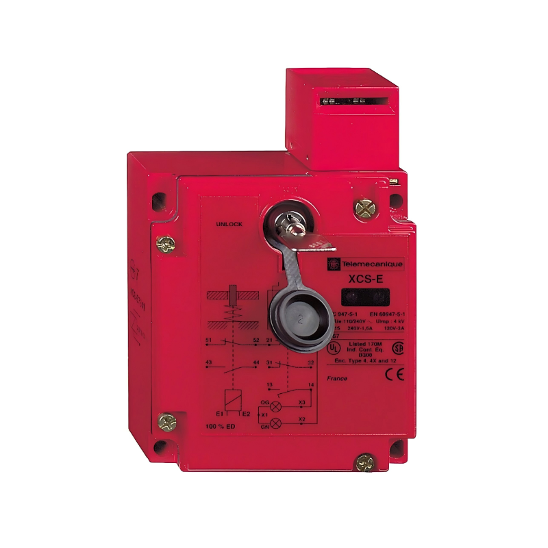 Telemecanique XCSE7311 metal safety switch, 24V, 2NC+1NO contacts, slow break, dual Pg 13 tapped entries, robust XCSE housing, industrial safety and machine guarding switch for automation systems.