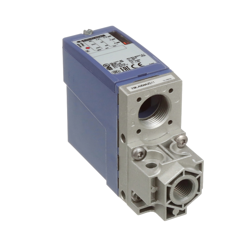 Telemecanique XMLA004A2S11 pressure switch, 4 bar fixed scale, 1 threshold, 1 C/O contact, compact industrial pressure monitoring device, reliable for hydraulic and pneumatic applications.