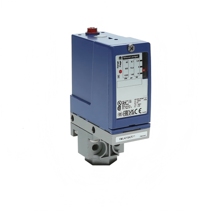 Telemecanique XMLA010A2S11 pressure switch, 10 bar fixed scale, 1 threshold, 1 C/O contact, robust design for industrial, hydraulic, and pneumatic pressure control applications.