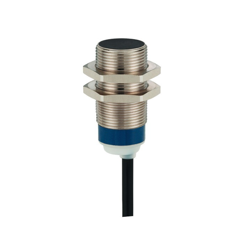 Telemecanique XS618B1PAL2 XS6 M18 inductive proximity sensor, 62 mm brass body, 8 mm sensing distance, 12–48 VDC, 2 m cable, industrial-grade sensor for metal detection in automation systems.