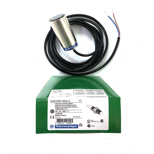 Telemecanique XS630B1MAL2 XS6 M30 inductive proximity sensor, 62 mm brass body, 15 mm sensing distance, 24–240 VAC/DC, 2 m cable, industrial automation sensor for metal detection and machine monitoring.