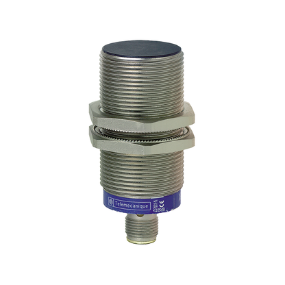 Telemecanique XS630B1MAU20 inductive proximity sensor XS series, M30 brass housing, 15 mm sensing distance, 24–240 VAC/DC supply, 73 mm length, 1/2 inch connector, industrial non-contact sensor for automation and control applications.