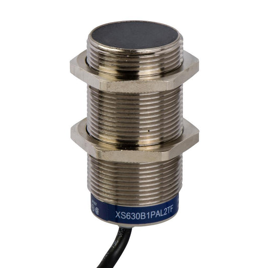 Telemecanique Sensors XS630B1PAL2 inductive proximity sensor, XS series M30 brass housing, 15 mm sensing distance, 12–48 VDC, 2 m cable, reliable metal detection sensor for industrial automation and machinery applications.