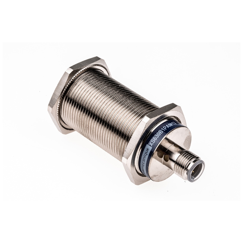 Telemecanique Sensors XS630B1PAM12 inductive proximity sensor XS6 M30, 15 mm sensing distance, brass housing, 12–48 VDC, M12 connector, flush mount metal detection sensor for industrial automation and machinery applications.