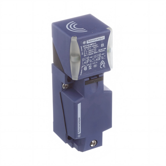 Telemecanique XS7C4A1MPG13 XS series inductive proximity sensor, 15 mm detection distance, PBT housing, 40x40x117 mm, 24–240 VAC/DC, terminal connections, compact and reliable industrial sensor.
