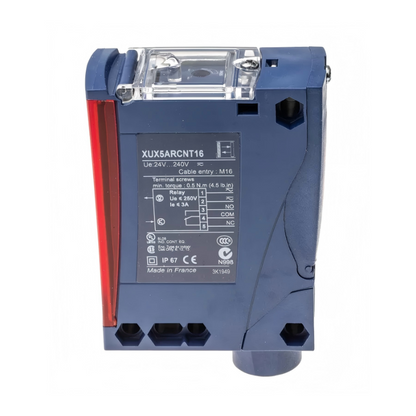 Telemecanique XUX5ARCNT16 XU/XUX series diffuse photoelectric sensor, 2.1 m sensing range, 24–240 VAC/DC operation, terminal connections, reliable object detection for industrial automation and control systems.