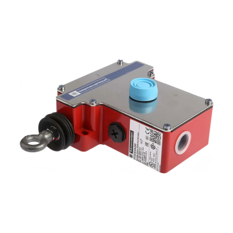 Telemecanique XY2CE2A250 latching emergency stop rope pull switch, XY2CE series, left-hand side, 1NC + 1NO contacts, booted pushbutton, industrial safety device for conveyor and production line shutdown.