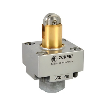 Telemecanique ZCKE67 XC Series limit switch head, steel roller plunger, reinforced design, industrial automation limit switch, compatible with XC standard switch bodies, precise and reliable mechanical actuation.