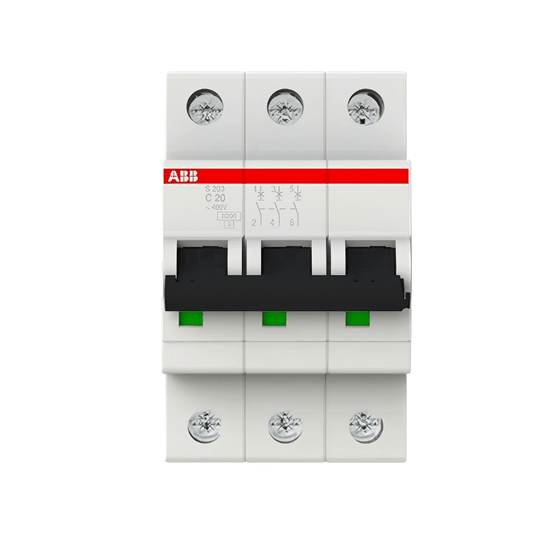 Original New ABB S203-C20 3-pole 20A C-curve miniature circuit breaker System Pro M Compact S200 front view