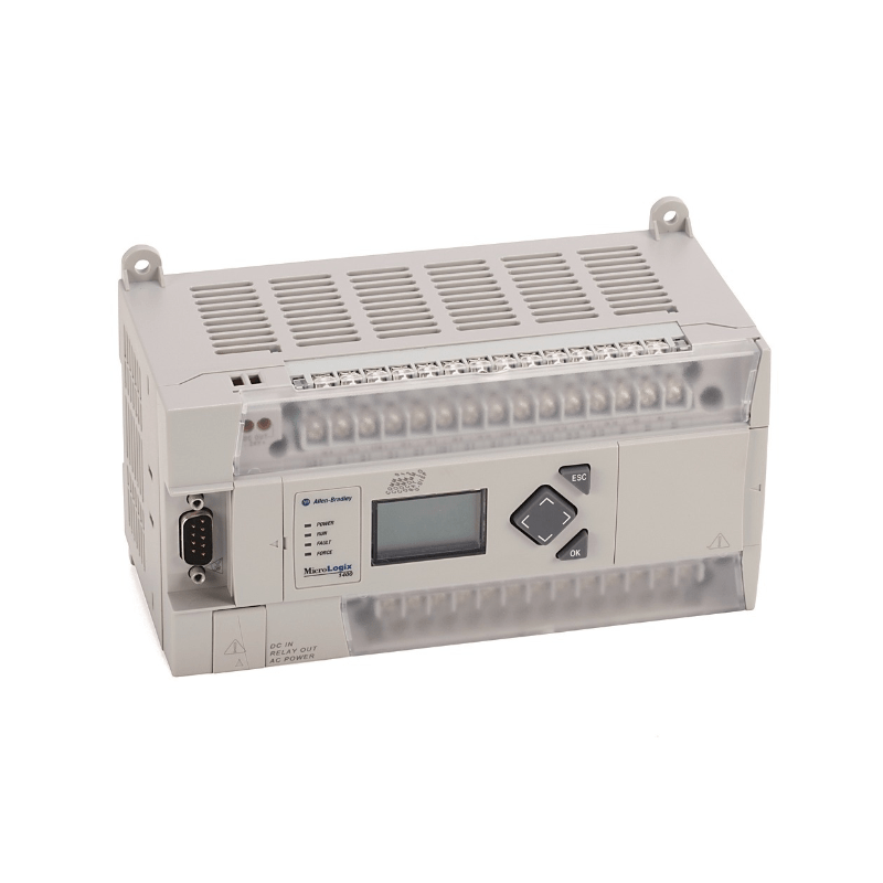 Original New Allen-Bradley 1766-L32BXBA MicroLogix 1400 32-point controller front view with LCD display