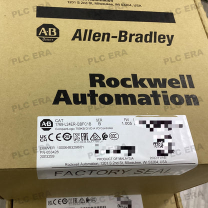 Front view of Allen‑Bradley 1769‑L24ER‑QBFC1B showing digital and analog I/O terminals, communication ports, and SD card slot
