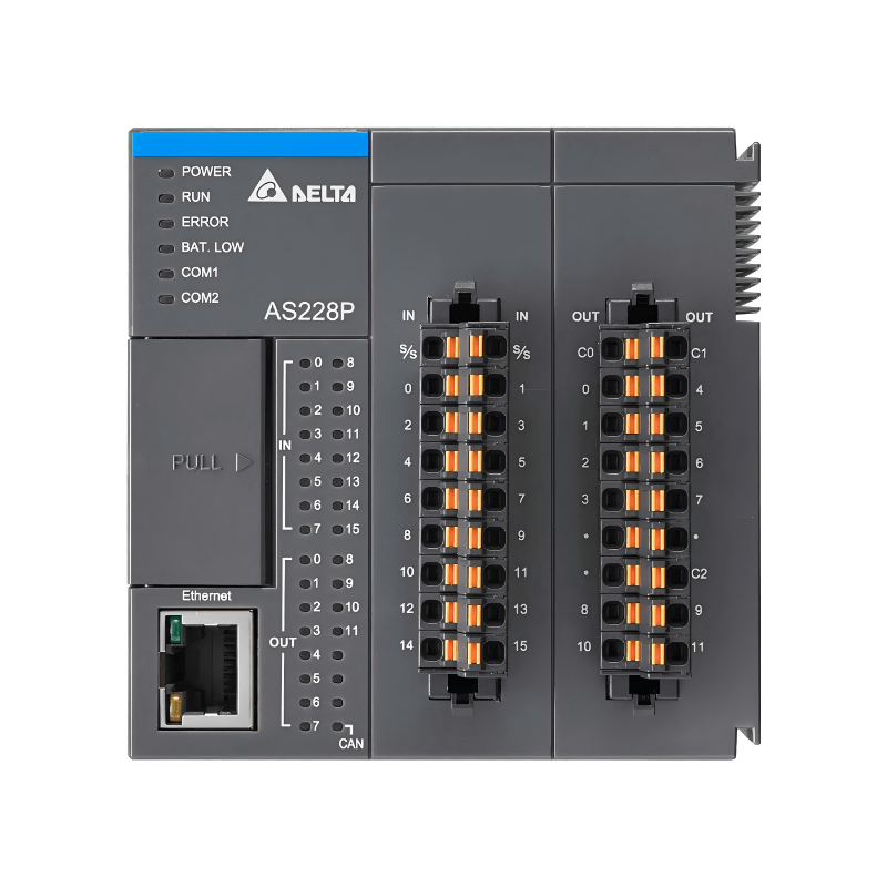 Original New Delta AS228P-A AS200 series 28-point PLC CPU module with 16DI/12DO PNP outputs front view