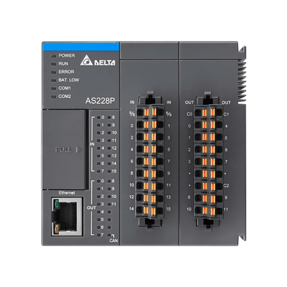 Original New Delta AS228P-A AS200 series 28-point PLC CPU module with 16DI/12DO PNP outputs front view