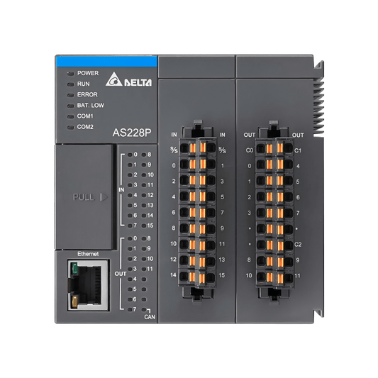 Original New Delta AS228P-A AS200 series 28-point PLC CPU module with 16DI/12DO PNP outputs front view