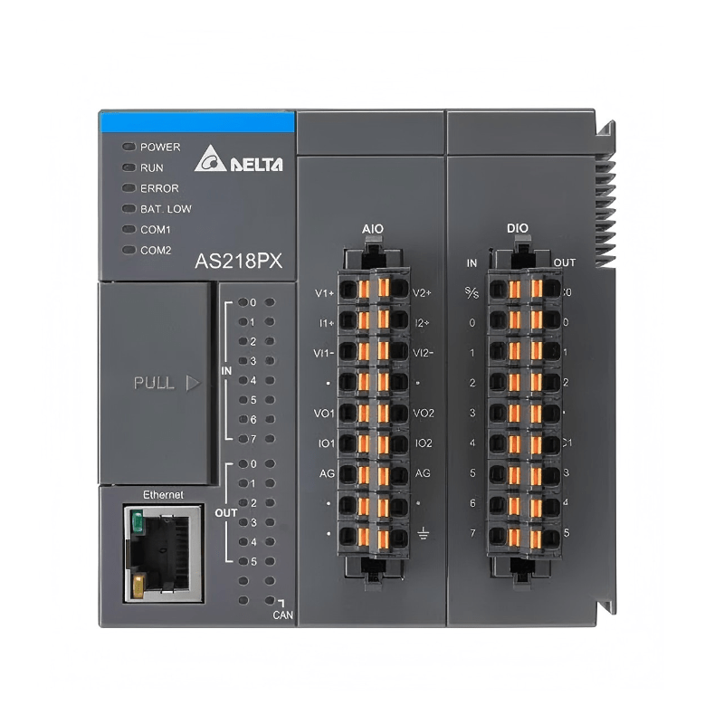 Original New Delta AS228T-A AS200 series mid-range PLC CPU module 16DI/12DO NPN front view