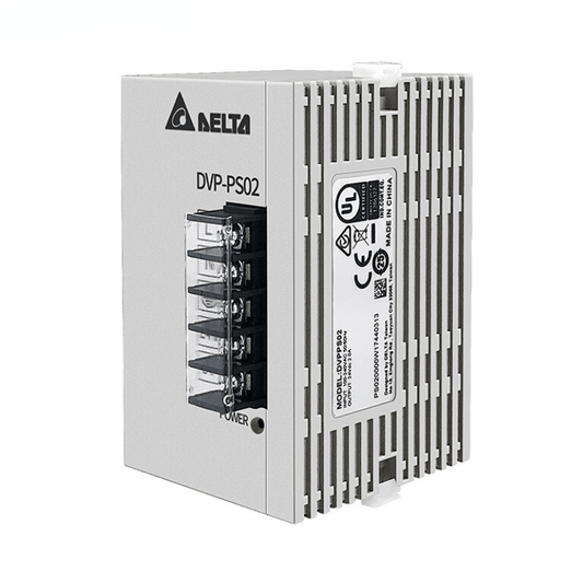Original New Delta DVPPS02 DVP series power supply module 24V DC 2A DIN rail front view