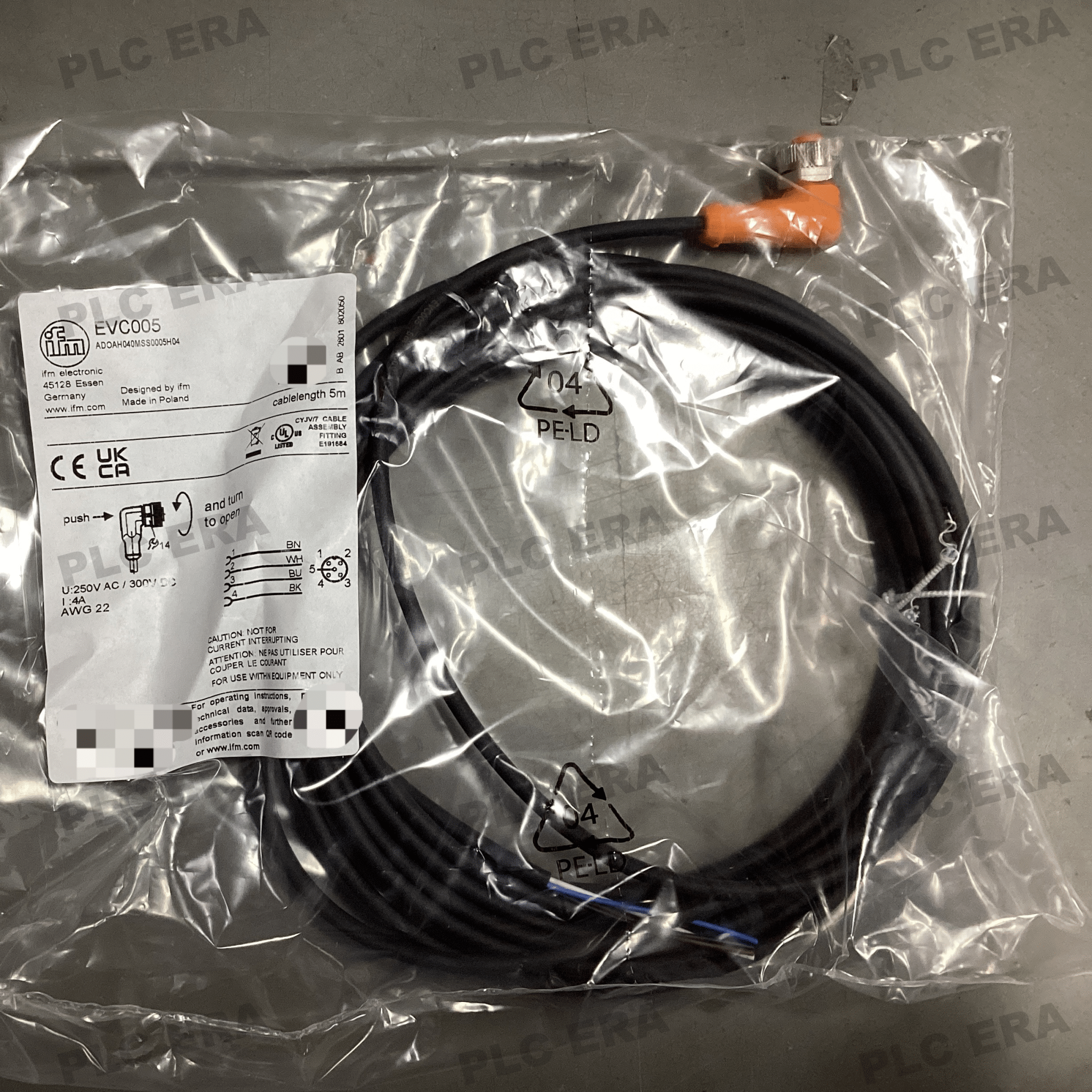 IFM EVC005 M12 Female Cordset 4-Pin 5m PUR Cable IP68 IP69K Oil ...