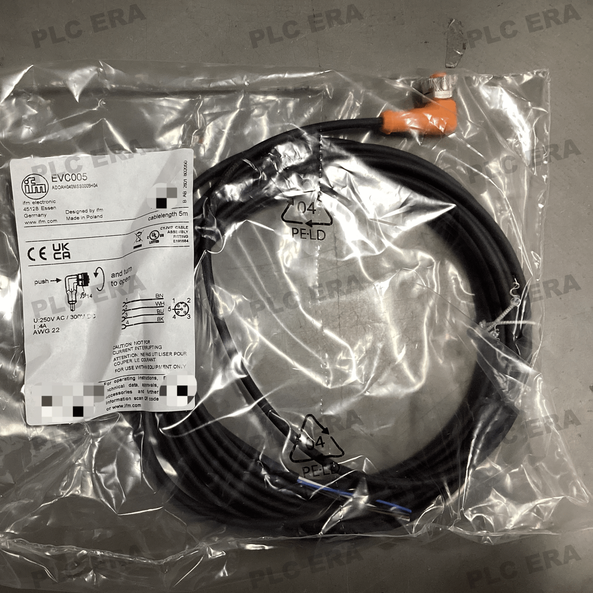 IFM EVC005 M12 Female Cordset 4 - Pin 5m PUR Cable IP68 IP69K 24V - PLC ERA